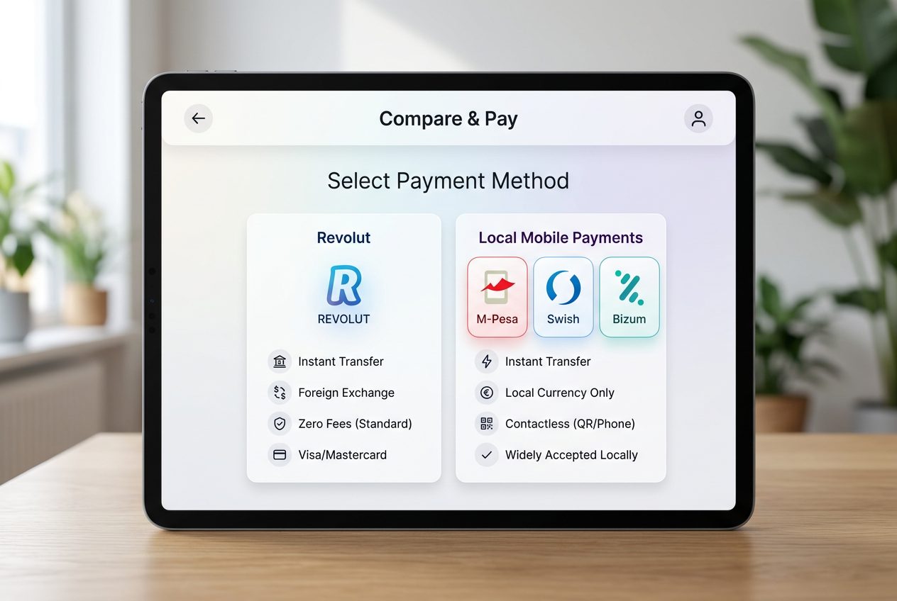 Comparison UI of different payment methods including Revolut and BLIK icons