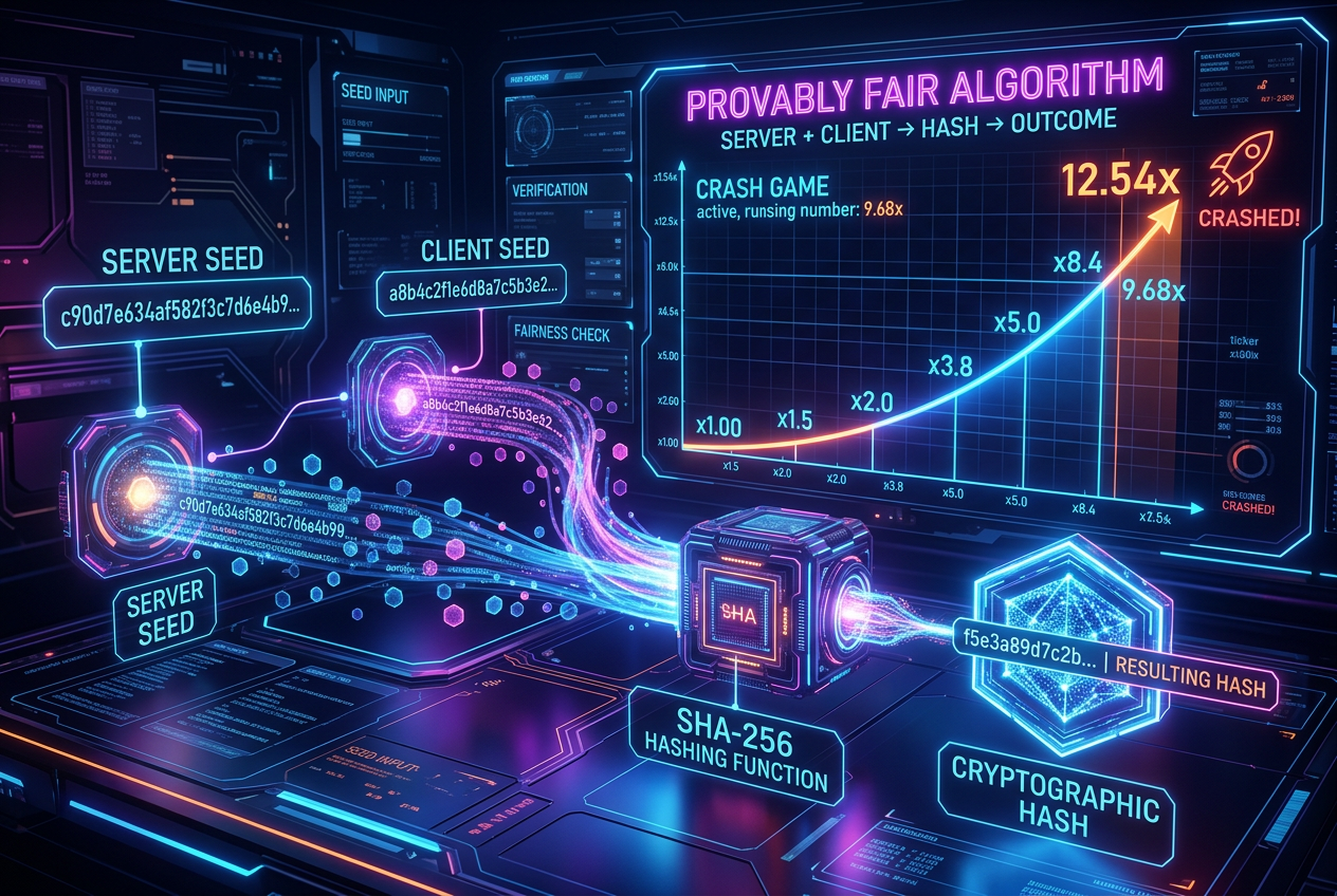 Wizualizacja mechaniki Provably Fair i algorytmów kryptograficznych w grach typu Crash