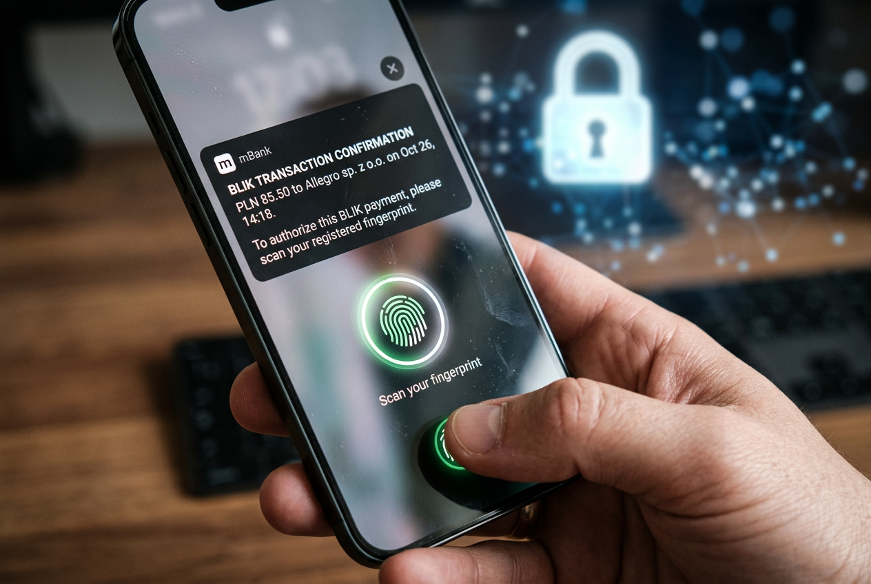 Smartfon z aplikacją bankową wyświetlający prośbę o autoryzację płatności BLIK 2FA
