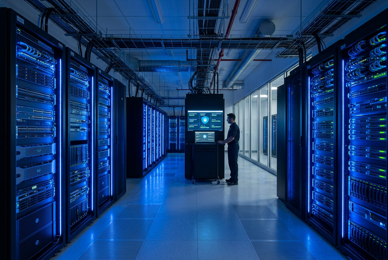 Highly secure casino server room with biometric access and blue LED data center infrastructure